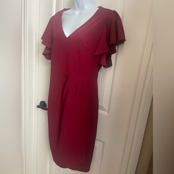 NWT IHOT Women's V Neck Flutter Sleeve Sheath Wrap Ruched Dress in Wine, Medium - Picture 6 of 13